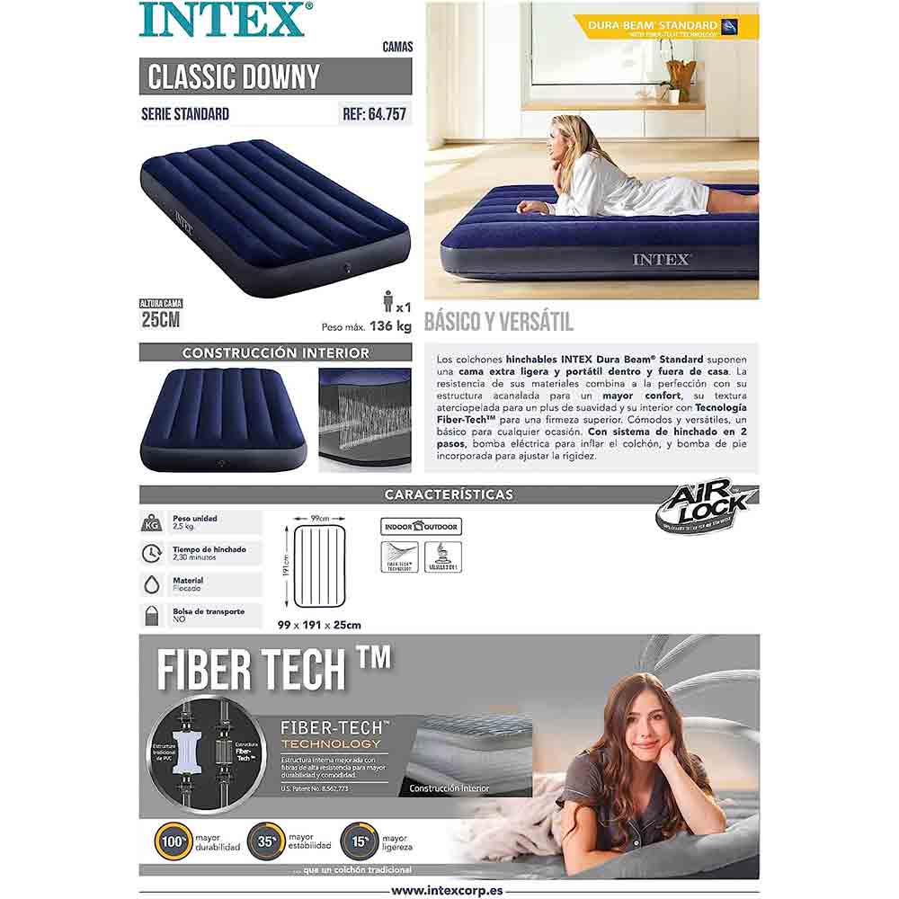 Colchón hinchable individual fiber-tech + inflador intex •